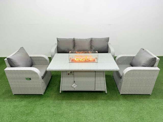 Rackhams PE Rattan Garden Furniture Set Reclining Chair Sofa Lounge Sofa Set Fire Pit Dining Table Light Grey - image 1