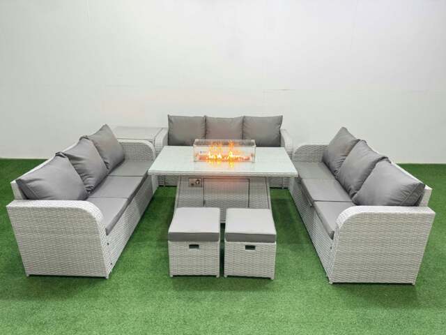 Rackhams PE Rattan Lounge Sofa Set 11 Seater Outdoor Garden Furniture Set with Fire Pit Dining Table 3 Seater Sofa 2 Stools Side Table Light Grey - image 1