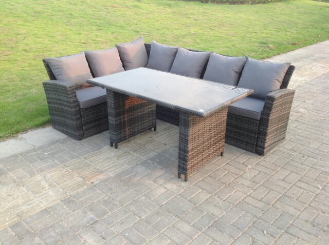 Rackhams 6 Seater High Back Rattan Garden Furniture Set Corner Sofa With Black Tempered Glass Dining Table - image 1