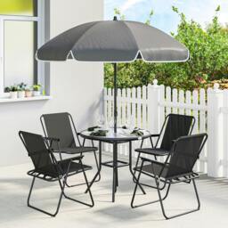 Rackhams 6 Pieces Garden Furniture Set with Parasol, Folding Chairs, Black - Not applicable - Steel, Texteline, Polyester, Tempered Glass - Black