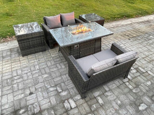 Rackhams 4 Seater Rattan Garden Furniture Set Outdoor Lounge Sofa Chair Gas Fire Pit Dining Table Set With Double Seat Sofa 2 Side Tables - image 1