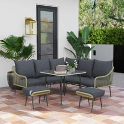 Rackhams 6 Piece Garden Furniture Set Garden Sofa with Cushions, Light Grey - Light Grey - Steel, Polyester - 117W x 70D x 77H cm