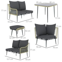 Rackhams 6 Piece Garden Furniture Set Garden Sofa with Cushions, Light Grey - Light Grey - Steel, Polyester - 117W x 70D x 77H cm - thumbnail 5