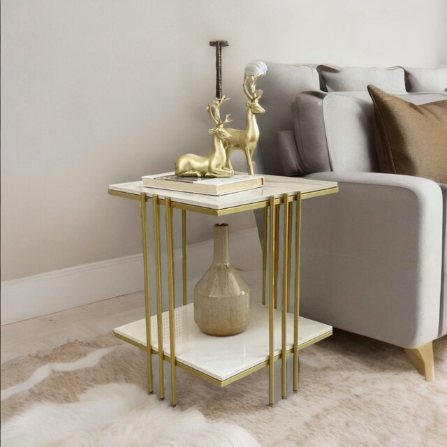 Rackhams 2 Tier Square Faux Marble Side Table Gold - image 1