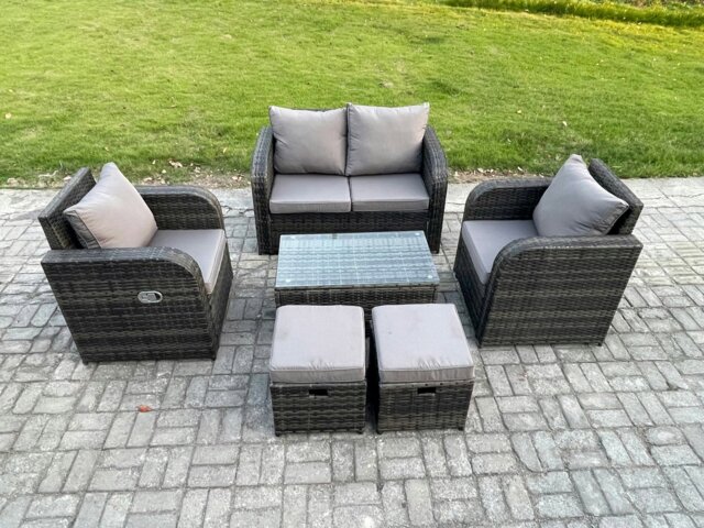 Rackhams Wicker PE Rattan Outdoor Furniture Set Garden Love Sofa Coffee Table 2 Armchair 2 Small Footstools Dark Grey Mixed - image 1