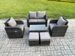 Rackhams Wicker PE Rattan Outdoor Furniture Set Garden Love Sofa Coffee Table 2 Armchair 2 Small Footstools Dark Grey Mixed - thumbnail 1