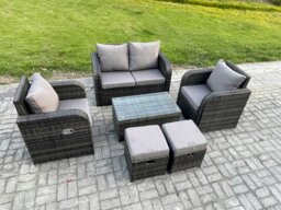 Rackhams Wicker PE Rattan Outdoor Furniture Set Garden Love Sofa Coffee Table 2 Armchair 2 Small Footstools Dark Grey Mixed - thumbnail 2