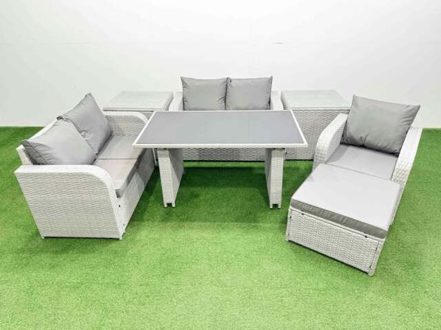 Rackhams Rattan Sofa Outdoor Furniture with Dining Table,2 Side Tables,Love Sofa,Big Stool Patio Furniture Light Grey 6 Seater - image 1