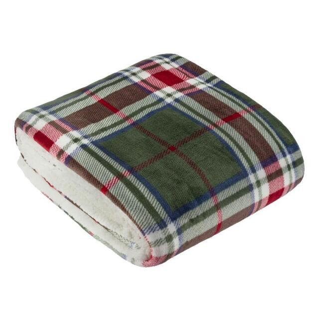 Rackhams Braemar Sherpa Fleece Tartan Throw - Berry/Pine - 140cm x 180cm - Berry/Pine - 100% Polyester - image 1