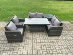 Rackhams Rattan Furniture Outdoor Garden Dining Set Patio Height Adjustable Rising lifting Table Love Sofa Chair With Side Table - thumbnail 2