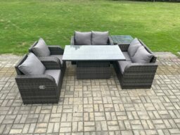 Rackhams Rattan Furniture Outdoor Garden Dining Set Patio Height Adjustable Rising lifting Table Love Sofa Chair With Side Table - thumbnail 1