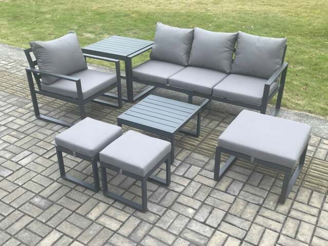 Rackhams Aluminium Outdoor Garden Furniture Set Sofa Chair Square Coffee Table Sets with Side Table 3 Footstools Dark Grey 7 Seater - image 1