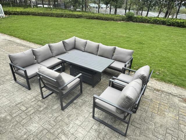 Rackhams 10 Seater Aluminium Garden Furniture Set with Adjustable Rising Dining Table, Corner Sofa, 3 Chairs - Grey