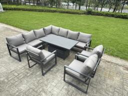 Rackhams 10 Seater Aluminium Garden Furniture Set with Adjustable Rising Dining Table, Corner Sofa, 3 Chairs - Grey - thumbnail 1