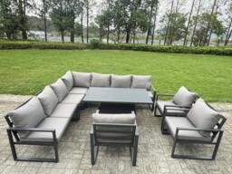 Rackhams 10 Seater Aluminium Garden Furniture Set with Adjustable Rising Dining Table, Corner Sofa, 3 Chairs - Grey - thumbnail 2