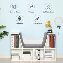 Rackhams Bookcase Storage Shelf with Cushioned Reading Seat, Cube Bookshelf Organizer for Bedroom Living Room, White - thumbnail 6
