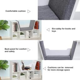 Rackhams Bookcase Storage Shelf with Cushioned Reading Seat, Cube Bookshelf Organizer for Bedroom Living Room, White - thumbnail 4