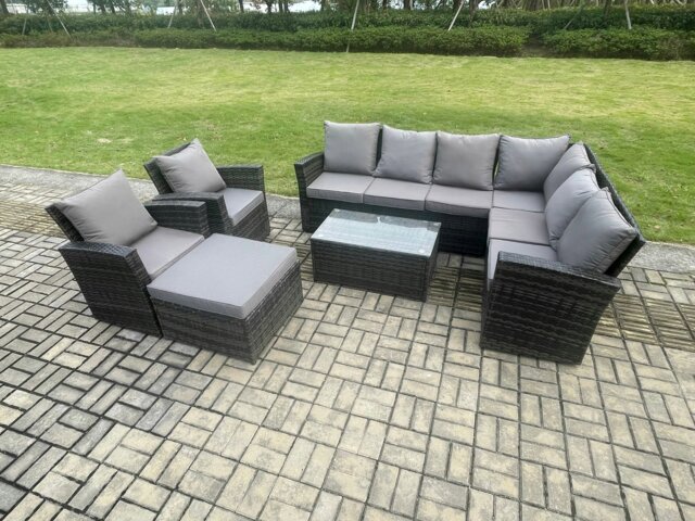 Rackhams 9 Seater High Back Outdoor Garden Furniture Set Rattan Corner Sofa Set With Rectangular Coffee Table Big Footstool 2 Armchairs Dark Grey Mixed - image 1