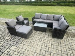 Rackhams 9 Seater High Back Outdoor Garden Furniture Set Rattan Corner Sofa Set With Rectangular Coffee Table Big Footstool 2 Armchairs Dark Grey Mixed - thumbnail 1