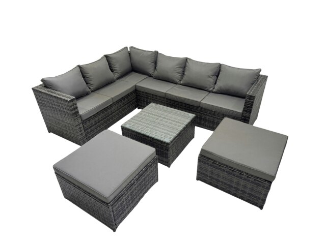 Rackhams Rattan Garden Furniture Patio Furniture Sets with Corner Sofa Square Coffee Table 2 Big Footstools Dark Grey Mixed - image 1