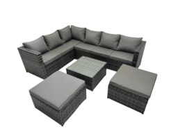 Rackhams Rattan Garden Furniture Patio Furniture Sets with Corner Sofa Square Coffee Table 2 Big Footstools Dark Grey Mixed - thumbnail 1