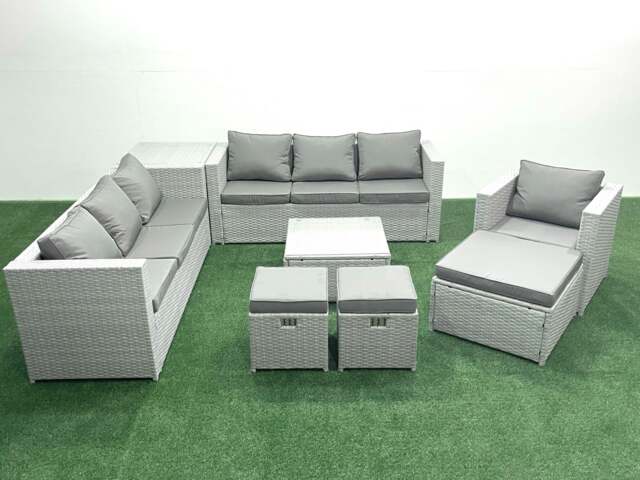 Rackhams Wicker PE Rattan Sofa Garden Furniture Set with Armchair Square Coffee Table 3 Footstools Side Table Light Grey Mixed - image 1