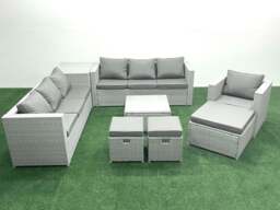 Rackhams Wicker PE Rattan Sofa Garden Furniture Set with Armchair Square Coffee Table 3 Footstools Side Table Light Grey Mixed - thumbnail 1