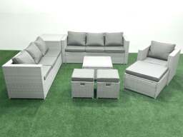 Rackhams Wicker PE Rattan Sofa Garden Furniture Set with Armchair Square Coffee Table 3 Footstools Side Table Light Grey Mixed - thumbnail 2