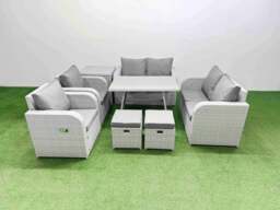 Rackhams 8 Seater Rattan Garden Furniture Set Outdoor Love Sofa Set with Rectangular Dining Table Side Table 2 Small Footstools Light Grey - thumbnail 1