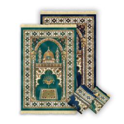 Rackhams Velvet Prayer Mat - Blue and Green - Blue - thumbnail 4