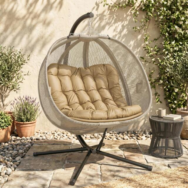Rackhams Double Hanging Egg Chair 2 Seaters Swing Hammock w/ Cushion, Brown - Beige - image 1