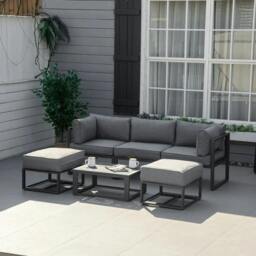 Rackhams Garden Daybed, 6 Piece Outdoor Sectional Sofa Set, Aluminum Patio Conversation Furniture Set with Coffee Table, Footstool and Cushions, Grey - thumbnail 2