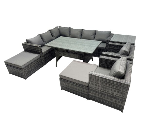 Rackhams Outdoor PE Rattan Sofa Set with Dining Table Patio Garden Furniture Sets with 2 Big Stool Side Table Dark Grey Mixed - image 1