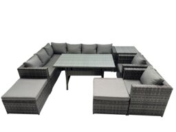 Rackhams Outdoor PE Rattan Sofa Set with Dining Table Patio Garden Furniture Sets with 2 Big Stool Side Table Dark Grey Mixed - thumbnail 2