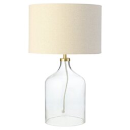Rackhams Contemporary Elegant Table Lamp with Clear Glass Base and Oatmeal Linen Shade