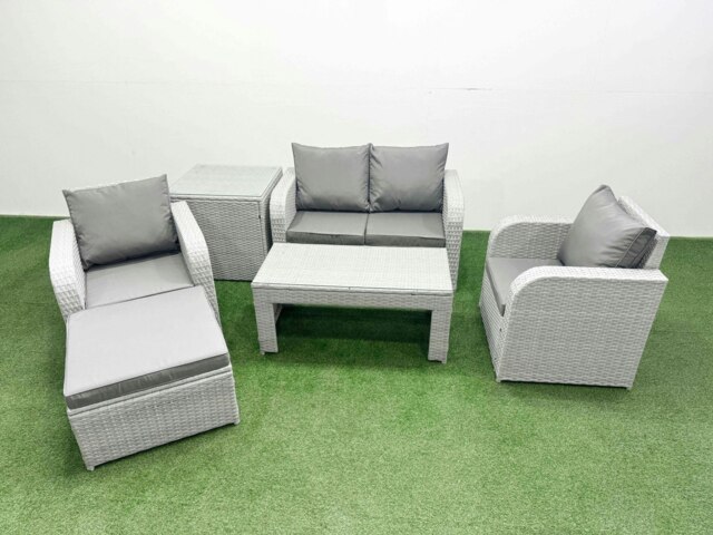 Rackhams Light Grey PE Wicker Rattan Garden Furniture Set Sofa Set Reclining Adjustable Chair Oblong Coffee Table 5 Seater With Footstool Side Table - image 1