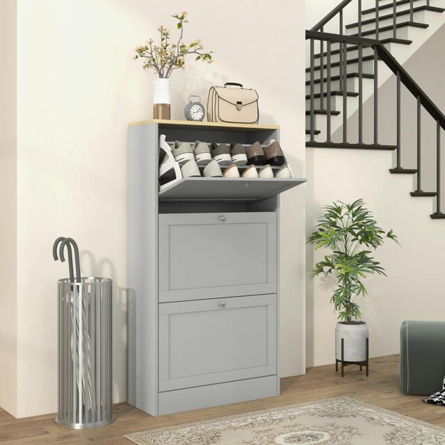 Rackhams Narrow Shoe Cabinet with 3 Flip Drawers for 12-18 Pairs of Shoes Grey - Melamine - Grey - Particle board - image 1