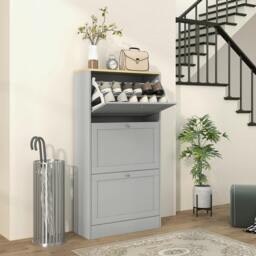 Rackhams Narrow Shoe Cabinet with 3 Flip Drawers for 12-18 Pairs of Shoes Grey - Melamine - Grey - Particle board - thumbnail 1