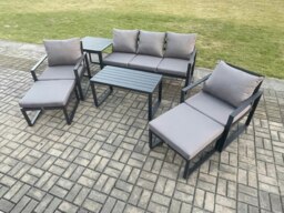 Rackhams Aluminium 7 Pieces Garden Furniture Sofa Set with Cushions 7 Seater Outdoor Patio Set with 2 Armchair 2 Big Footstools Side Table Dark Grey - thumbnail 2