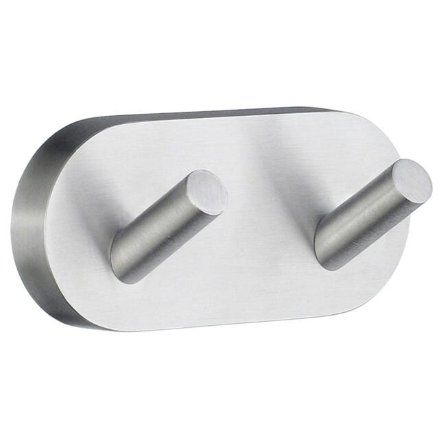 Rackhams Brushed Chrome Double Towel Hook Rail 40mm x 90mm Wall Mounted Bathroom Rounded Robe Hooks Clothes Hanger Coat Peg