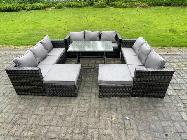 Rackhams 11 Seater Wicker PE Rattan Outdoor Furniture Lounge Sofa Garden Dining Set with Dining Table 2 Big Footstools Dark Grey Mixed - image 1