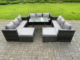 Rackhams 11 Seater Wicker PE Rattan Outdoor Furniture Lounge Sofa Garden Dining Set with Dining Table 2 Big Footstools Dark Grey Mixed - thumbnail 2