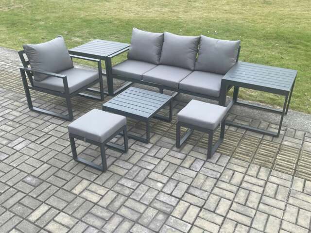 Rackhams Aluminium Outdoor Garden Furniture Set Sofa Chair Set with Square Coffee Table 2 Side Tables 2 Small Footstools Conservatory Set Dark Grey - image 1