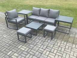Rackhams Aluminium Outdoor Garden Furniture Set Sofa Chair Set with Square Coffee Table 2 Side Tables 2 Small Footstools Conservatory Set Dark Grey - thumbnail 1