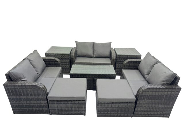 Rackhams 3 Seater Sofa Reclining Chair Coffee Table Set Rattan Garden Outdoor Furniture Set with 2 Side Table 2 Big Footstools Dark Grey Mixed - image 1