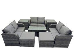 Rackhams 3 Seater Sofa Reclining Chair Coffee Table Set Rattan Garden Outdoor Furniture Set with 2 Side Table 2 Big Footstools Dark Grey Mixed - thumbnail 1