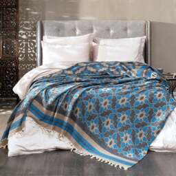 Rackhams Leyla Soft Cotton Jacquard Bedspread - Single (190 x 245 cm) - Turquoise Blue on Taupe - thumbnail 5