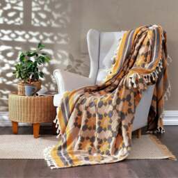Rackhams Leyla Soft Cotton Jacquard Bedspread - Single (190 x 245 cm) - Turquoise Blue on Taupe - thumbnail 4