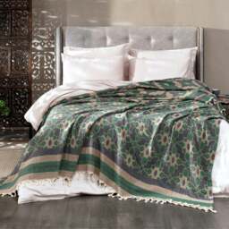 Rackhams Leyla Soft Cotton Jacquard Bedspread - Single (190 x 245 cm) - Turquoise Blue on Taupe - thumbnail 6