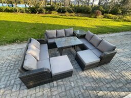 Rackhams Rattan Garden Furniture Set 11 Seater Patio Outdoor Lounge Sofa Set with Side Table Rectangular Dining Table 2 Big Footstool Dark Grey Mixed - thumbnail 2